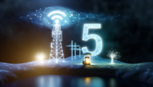 תמונה של מגדל תקשורת עם סמל 5G ולידו כרטיס פריפייד בצבעים זוהרים