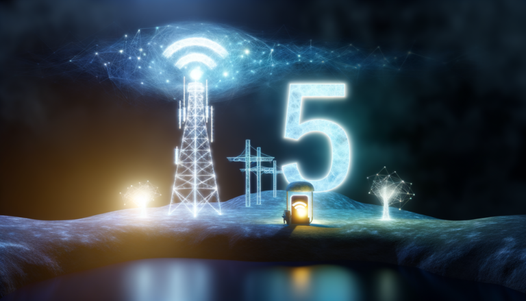 תמונה של מגדל תקשורת עם סמל 5G ולידו כרטיס פריפייד בצבעים זוהרים