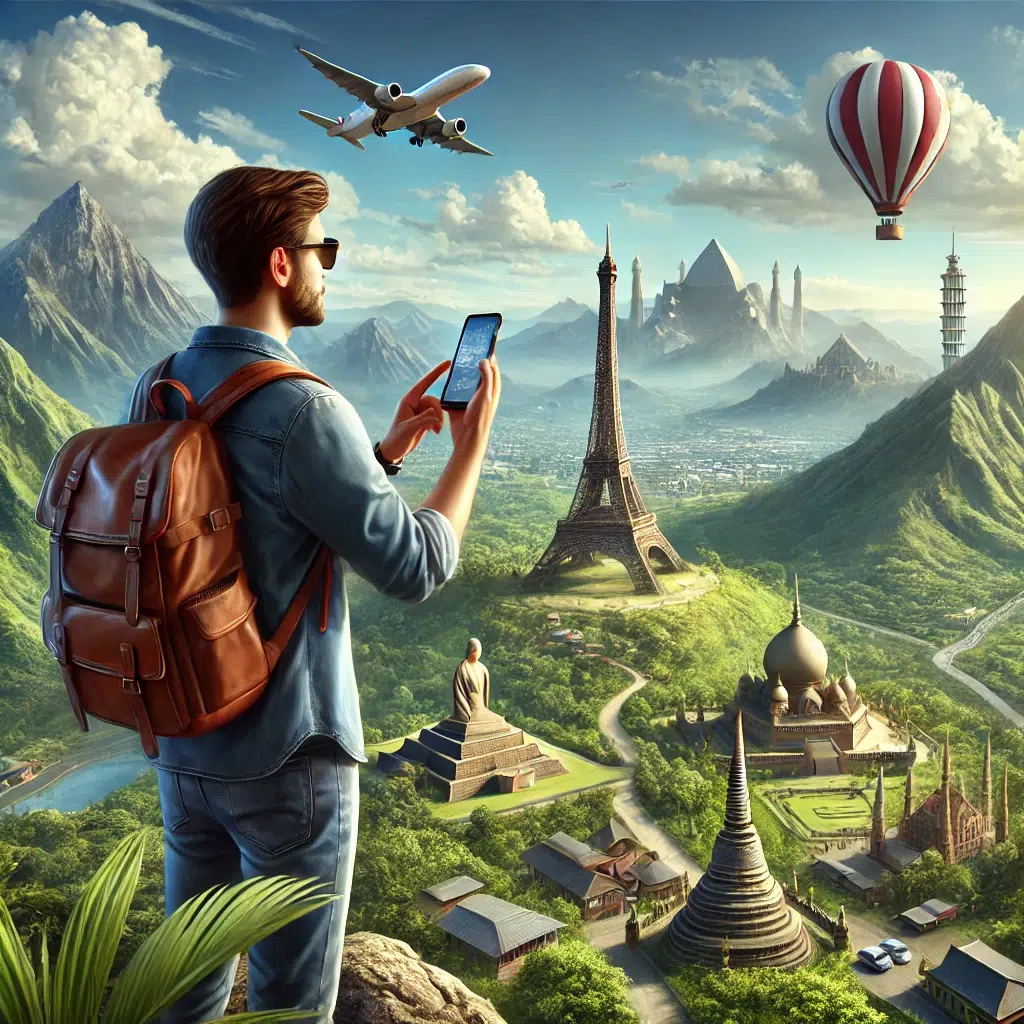 DALL·E 2025 01 16 16.07.21 A realistic illustration of a traveler using a smartphone while exploring a scenic global destination. The person is standing on a mountain viewpoint