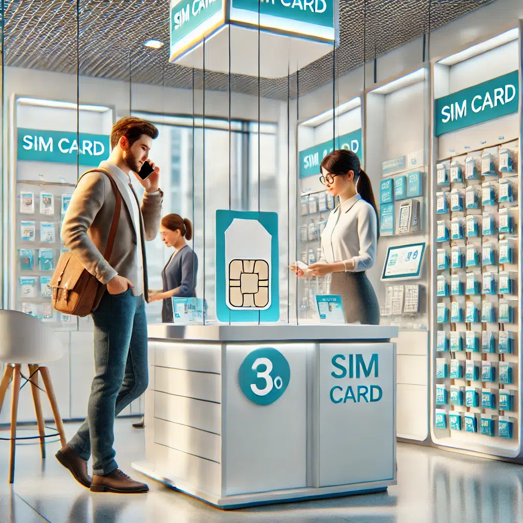 DALL·E 2025 01 16 16.09.01 A realistic illustration of a customer purchasing a SIM card at a modern retail store. The scene includes a customer interacting with a sales represen