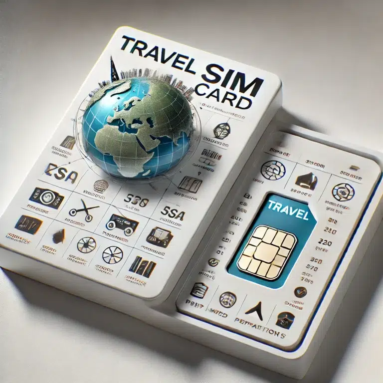 DALL·E 2025 01 16 16.11.34 A detailed and realistic image of a Travel SIM card and its packaging displayed on a clean white surface. The SIM card packaging is modern and profess