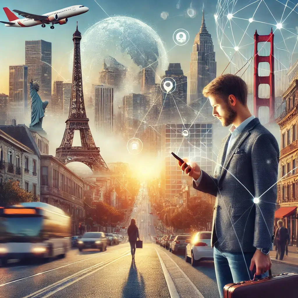 DALL·E 2025 01 16 18.20.34 A realistic illustration of a person using a smartphone in a bustling urban setting. The background features iconic landmarks such as the Eiffel Tower