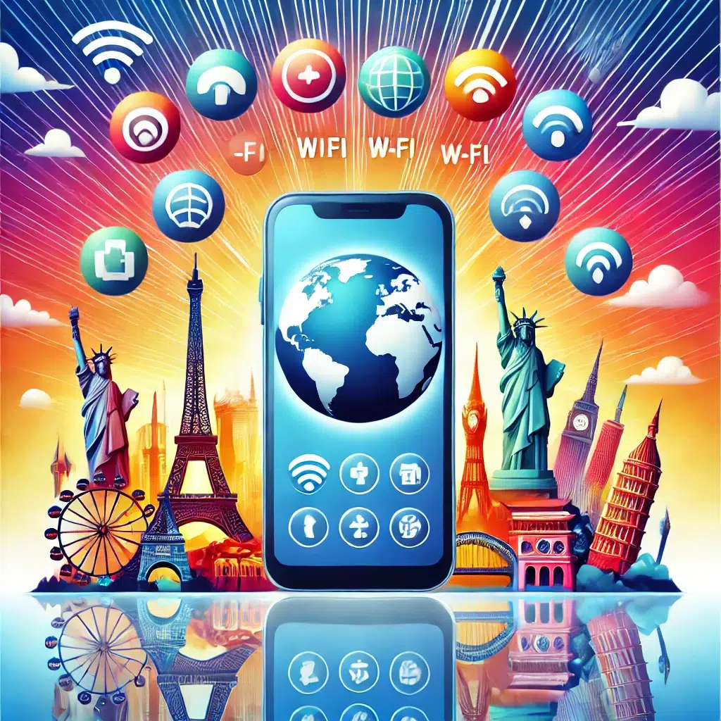 DALL·E 2025 01 20 14.59.32 A vibrant illustration representing an international mobile phone plan. The image features a smartphone with a globe displayed on its screen, surround