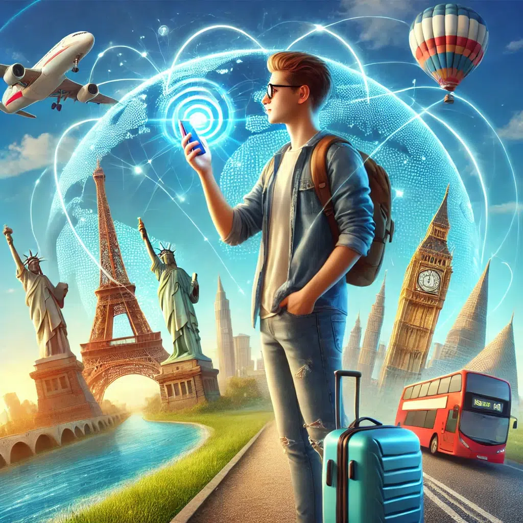 DALL·E 2025 01 20 15.12.56 A realistic and vibrant illustration of a traveler using a smartphone while exploring the world. The scene shows a young person standing near famous l